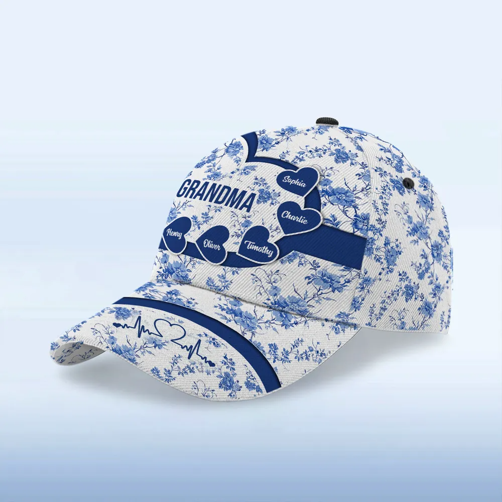 Grandma Mom Blue Heart Floral Chinoiserie Patterned Personalized Cap, Mother's Day gift for Mom, Grandma