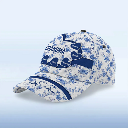 Grandma Mom Blue Heart Floral Chinoiserie Patterned Personalized Cap, Mother's Day gift for Mom, Grandma