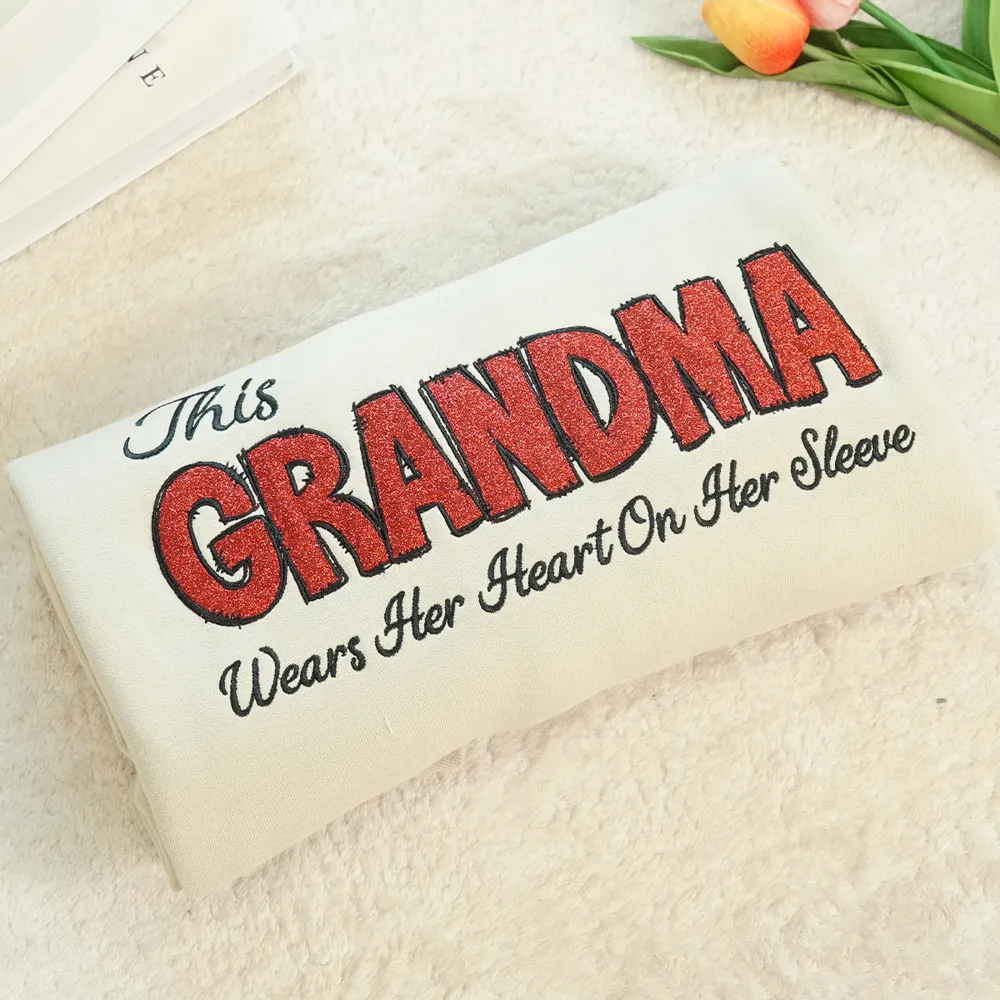 Personalized 'This Grandma Wears Her Heart On Her Sleeve' Sweatshirt with Side Bow, Heartfelt Gift for Mom & Grandma