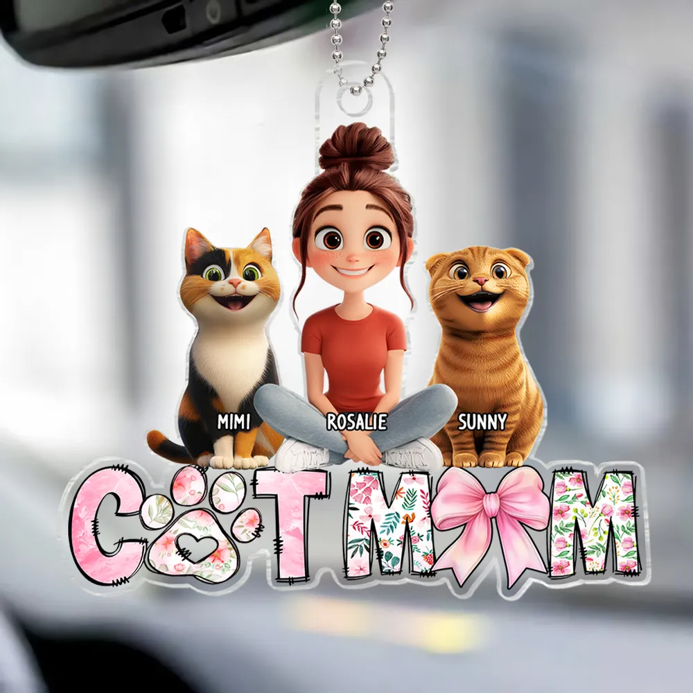 Cartoon Cat Mom Sitting Personalized Acrylic Car Hanger, Gift for Cat Moms