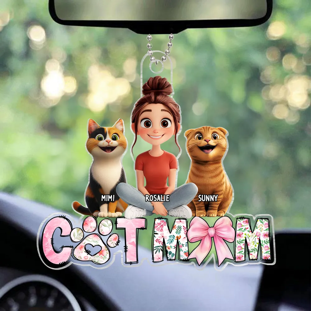 Cartoon Cat Mom Sitting Personalized Acrylic Car Hanger, Gift for Cat Moms