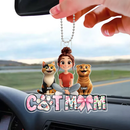 Cartoon Cat Mom Sitting Personalized Acrylic Car Hanger, Gift for Cat Moms