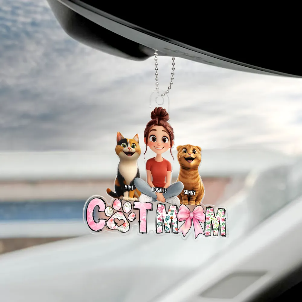 Cartoon Cat Mom Sitting Personalized Acrylic Car Hanger, Gift for Cat Moms