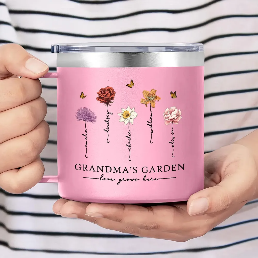 Grandma's Garden Love Grows Here Beautiful Birth Month Flower Personalized Stainless Tumbler With Handle