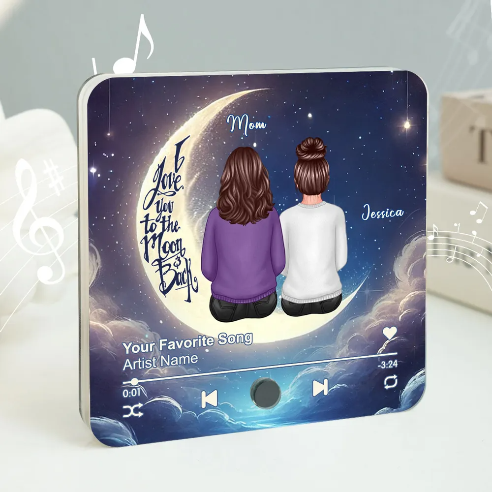 Mom & Daughter Sitting On The Moon Personalized Music Fridge Magnet, Perfect 2025 Mother's Day Gift For Mom