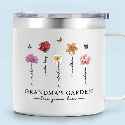 Grandma's Garden Love Grows Here Beautiful Birth Month Flower Personalized Stainless Tumbler With Handle