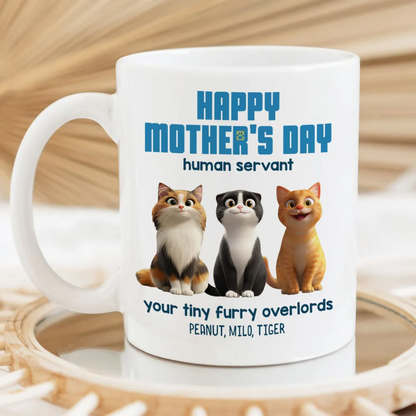 Happy Mother's Day Human Servant Personalized Mug, Cute Cartoon Cats, Funny Gift for Cat Moms