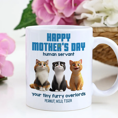 Happy Mother's Day Human Servant Personalized Mug, Cute Cartoon Cats, Funny Gift for Cat Moms