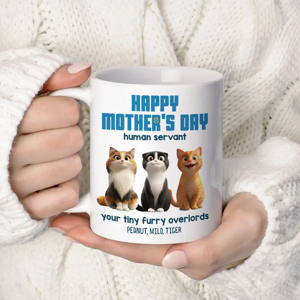 Happy Mother's Day Human Servant Personalized Mug, Cute Cartoon Cats, Funny Gift for Cat Moms