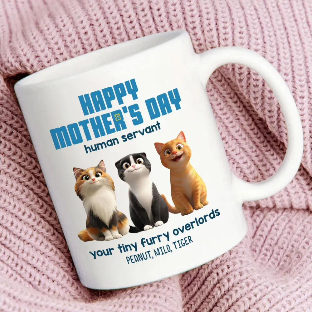 Happy Mother's Day Human Servant Personalized Mug, Cute Cartoon Cats, Funny Gift for Cat Moms