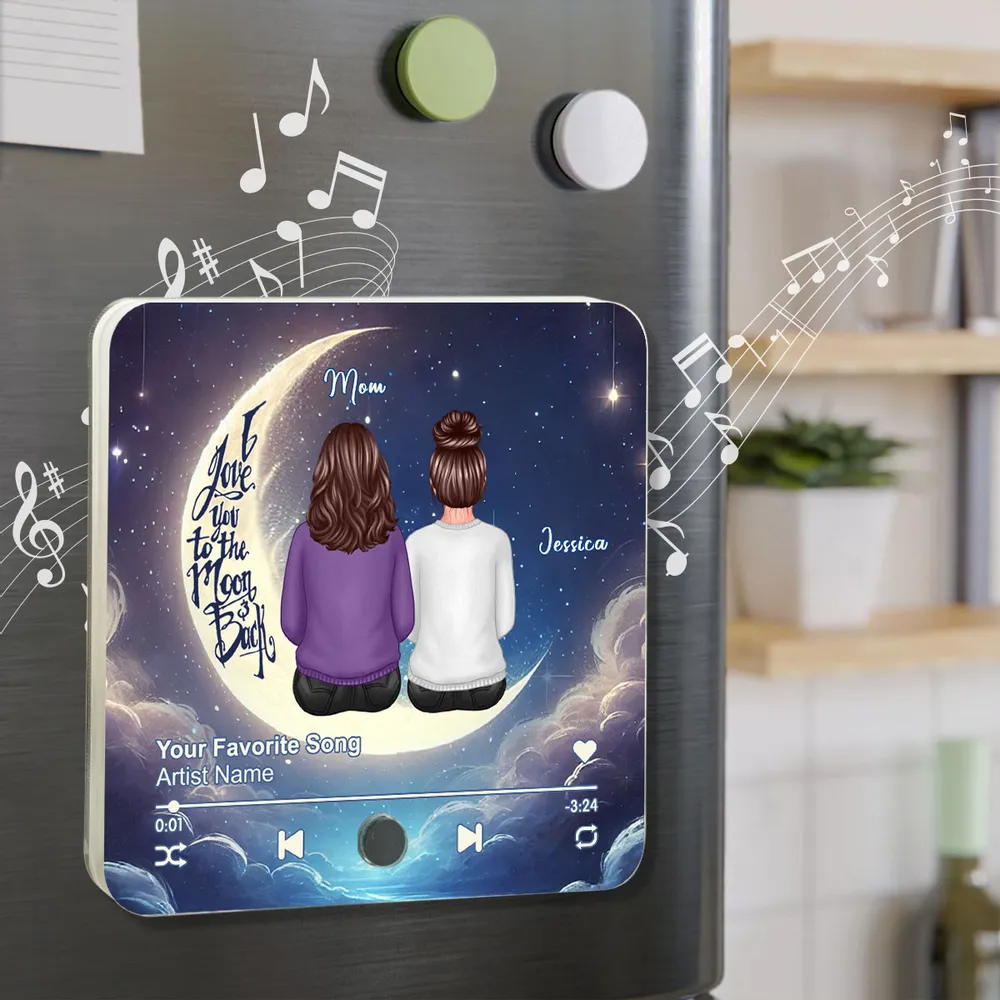 Mom & Daughter Sitting On The Moon Personalized Music Fridge Magnet, Perfect 2025 Mother's Day Gift For Mom