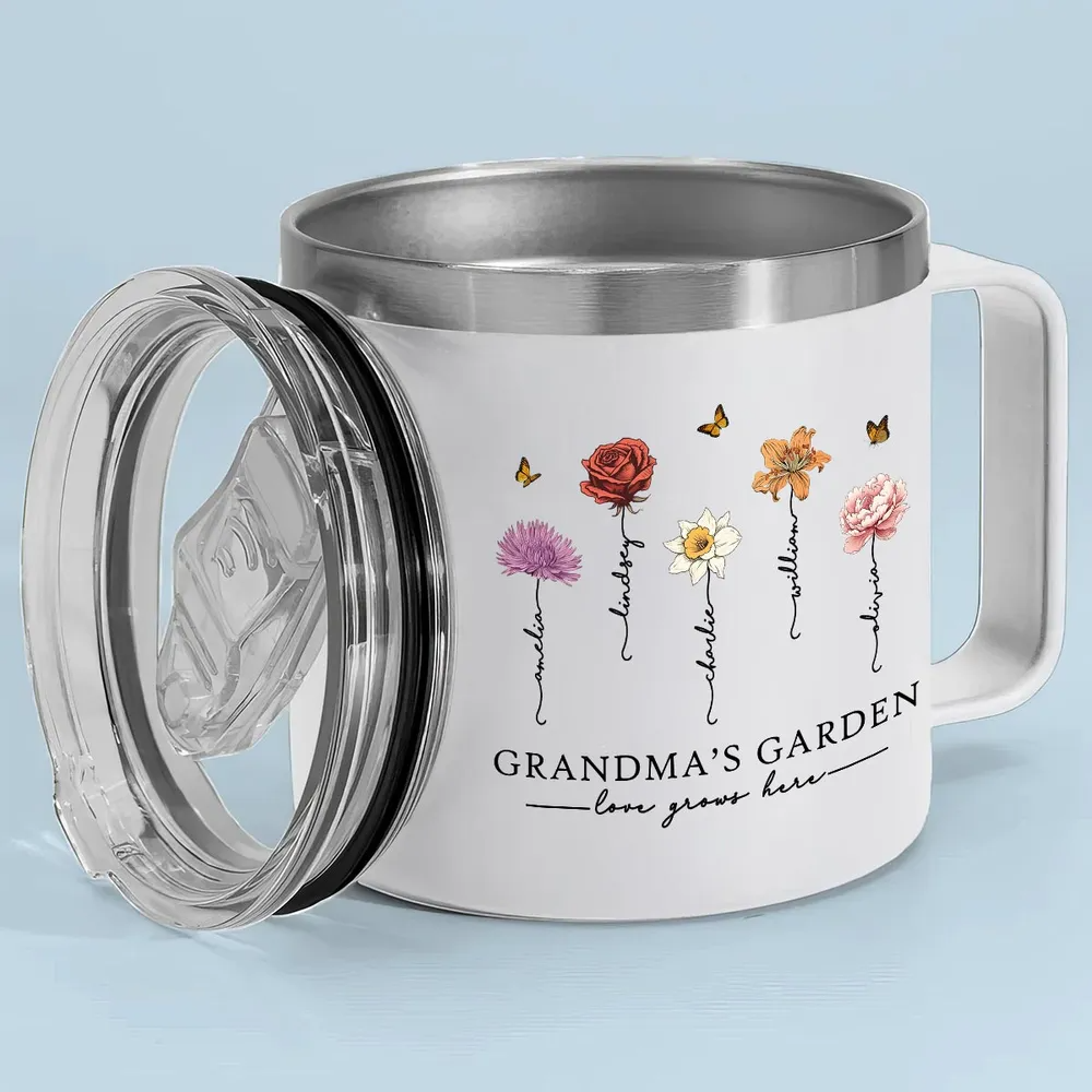 Grandma's Garden Love Grows Here Beautiful Birth Month Flower Personalized Stainless Tumbler With Handle