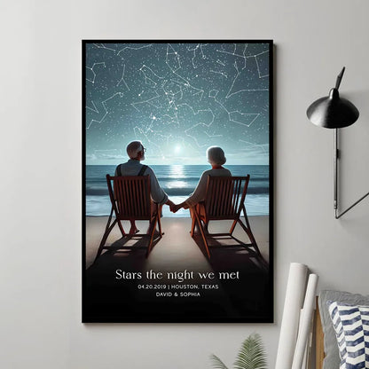 Romantic Beach Landscape Old Couple Sitting Under the Starry Night Poster, Custom Star Map by Date, Personalized Couple Constellation Map, Gift for him and her