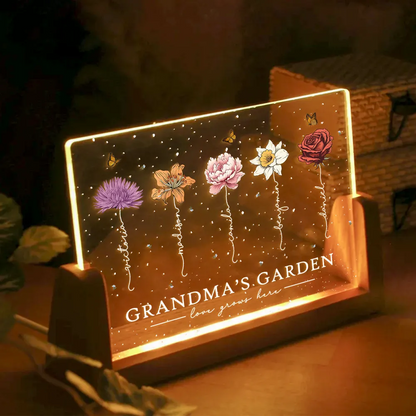 Grandma's Garden Love Grows Here Birthmonth Flowers Personalized U-Base Acrylic LED Night Light, Grandkids Names Floral Gift