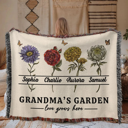 Grandma's Garden Love Grows Here Beautiful Vintage Birth Month Flowers Personalized Tapestry Woven Blanket