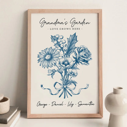 Vintage Floral Grandma Garden Birth Month Flowers Bouquet With Grandkids Names Personalized Poster