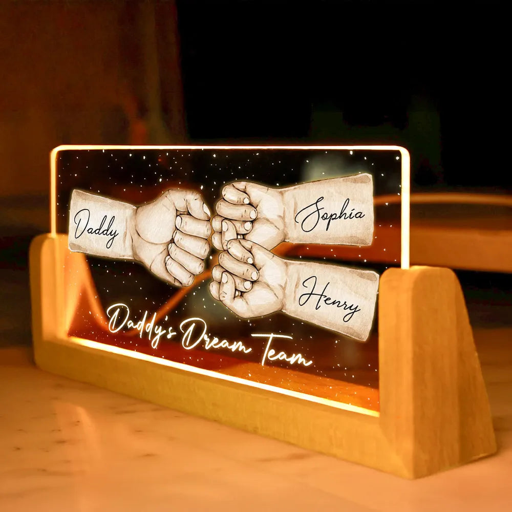 Daddy's Team Fist Bump Personalized U-Base Acrylic LED Night Light, Gift For Dad, Grandpa, Husband