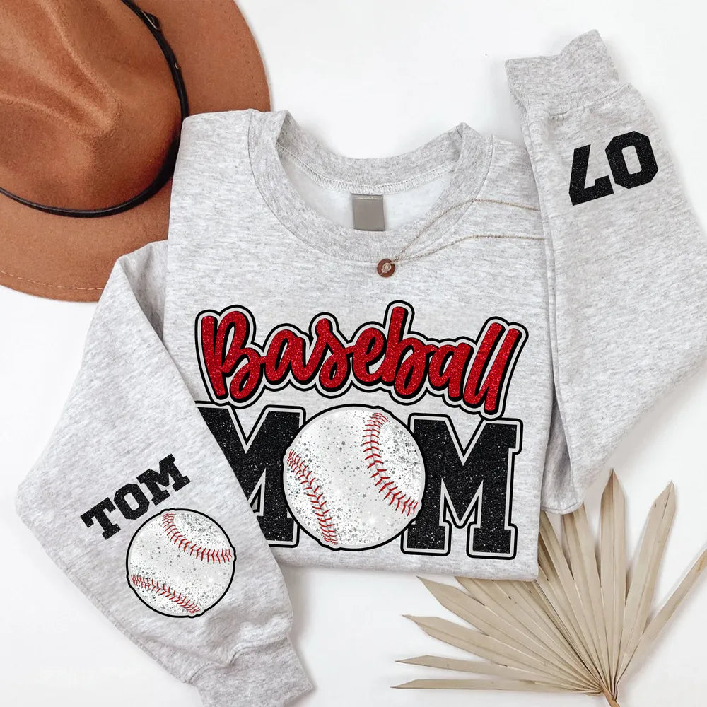 Glitter Effect Baseball Mom Personalized Sleeve Printed Shirt, Proud Baseball Mom Game Day Shirt, Gift For Baseball Mom