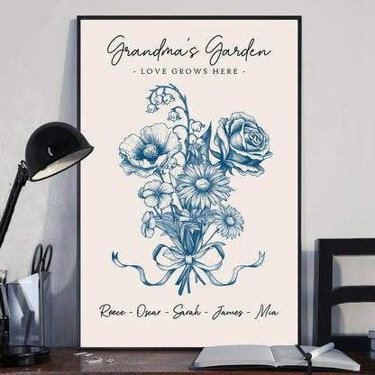 Vintage Floral Grandma Garden Birth Month Flowers Bouquet With Grandkids Names Personalized Poster