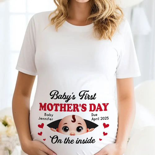 Baby First Mother's Day On The Inside Personalized Shirt, Custom Pregnancy Reveal Shirt, Mother's Day Gift For Expecting Moms