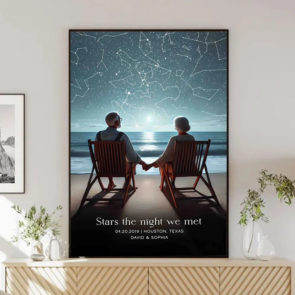 Romantic Beach Landscape Old Couple Sitting Under the Starry Night Poster, Custom Star Map by Date, Personalized Couple Constellation Map, Gift for him and her