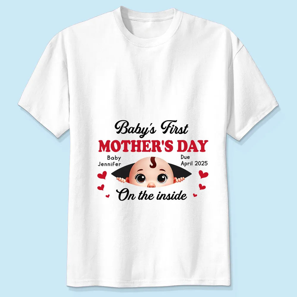 Baby First Mother's Day On The Inside Personalized Shirt, Custom Pregnancy Reveal Shirt, Mother's Day Gift For Expecting Moms