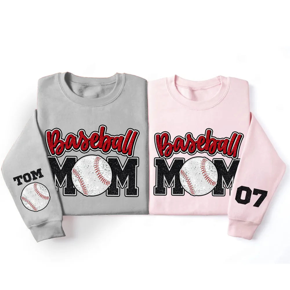 Glitter Effect Baseball Mom Personalized Sleeve Printed Shirt, Proud Baseball Mom Game Day Shirt, Gift For Baseball Mom