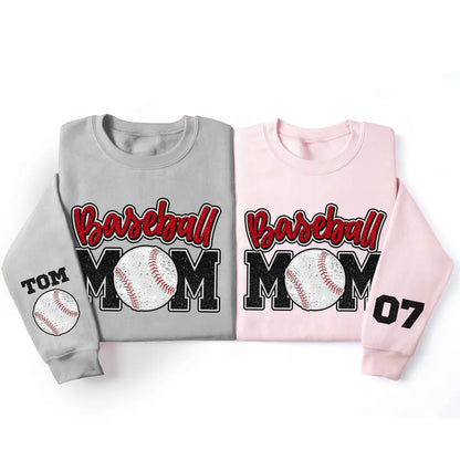 Glitter Effect Baseball Mom Personalized Sleeve Printed Shirt, Proud Baseball Mom Game Day Shirt, Gift For Baseball Mom