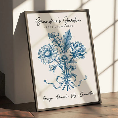 Vintage Floral Grandma Garden Birth Month Flowers Bouquet With Grandkids Names Personalized Poster