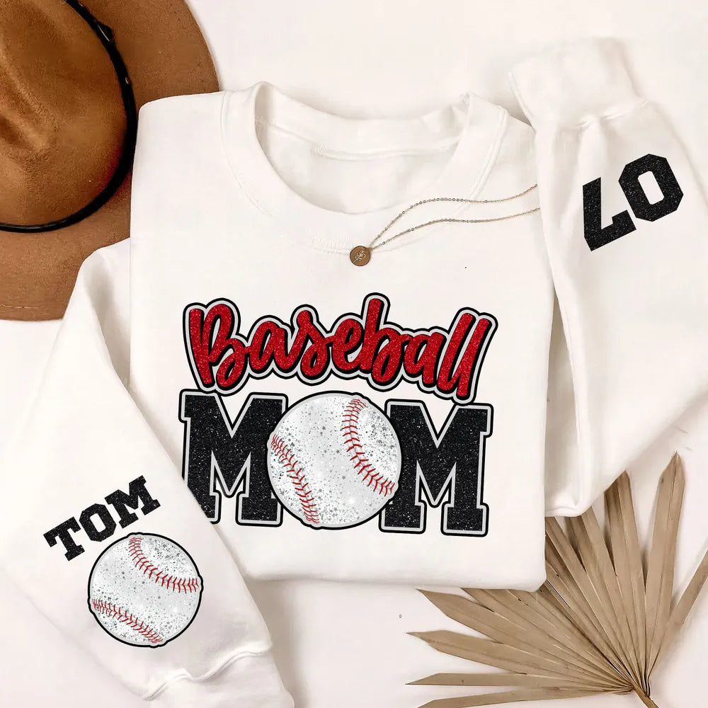 Glitter Effect Baseball Mom Personalized Sleeve Printed Shirt, Proud Baseball Mom Game Day Shirt, Gift For Baseball Mom