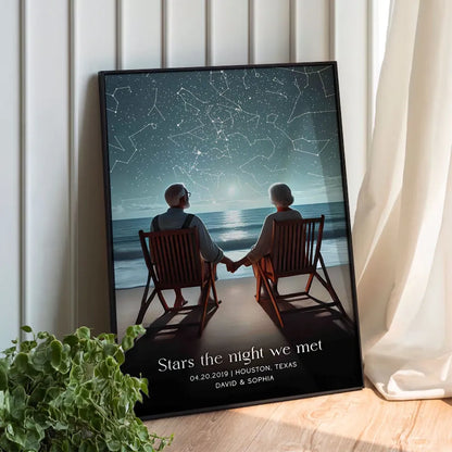 Romantic Beach Landscape Old Couple Sitting Under the Starry Night Poster, Custom Star Map by Date, Personalized Couple Constellation Map, Gift for him and her