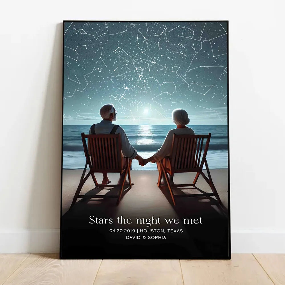 Romantic Beach Landscape Old Couple Sitting Under the Starry Night Poster, Custom Star Map by Date, Personalized Couple Constellation Map, Gift for him and her