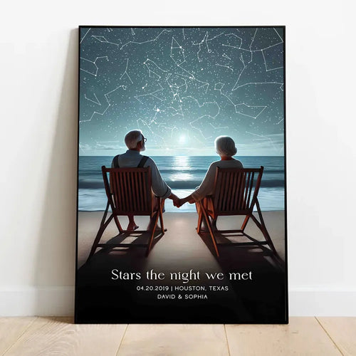 Romantic Beach Landscape Old Couple Sitting Under the Starry Night Poster, Custom Star Map by Date, Personalized Couple Constellation Map, Gift for him and her