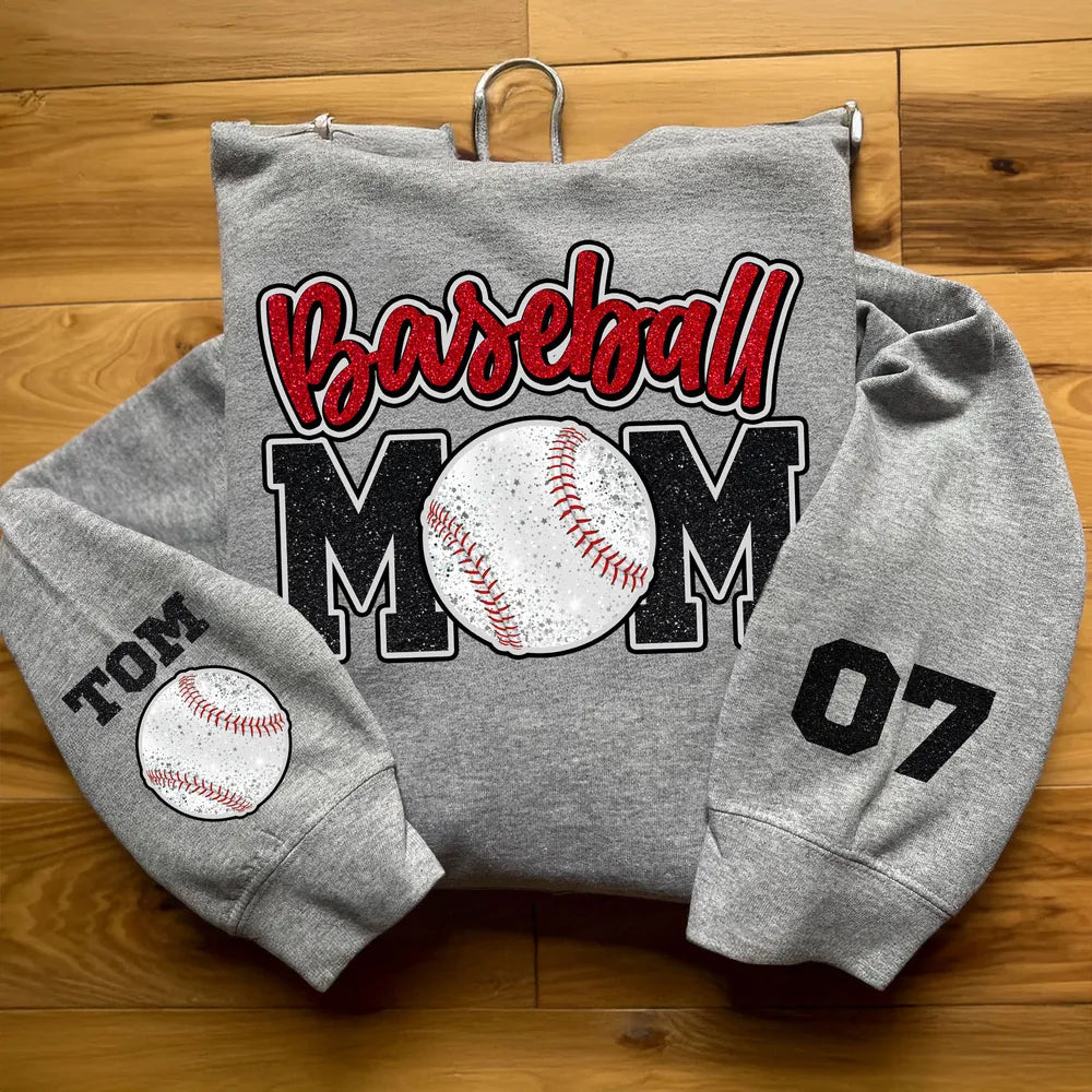 Glitter Effect Baseball Mom Personalized Sleeve Printed Shirt, Proud Baseball Mom Game Day Shirt, Gift For Baseball Mom