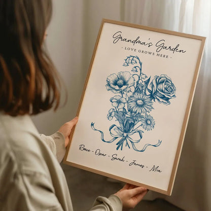 Vintage Floral Grandma Garden Birth Month Flowers Bouquet With Grandkids Names Personalized Poster