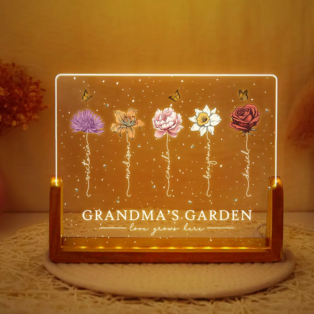 Grandma's Garden Love Grows Here Birthmonth Flowers Personalized U-Base Acrylic LED Night Light, Grandkids Names Floral Gift