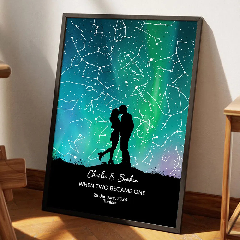 Couple Hugging Kissing Personalized Poster, Custom Star Map, Capture the Precious Moment, Mother's Day Gift, Constellation Print, Real Astronomical Data