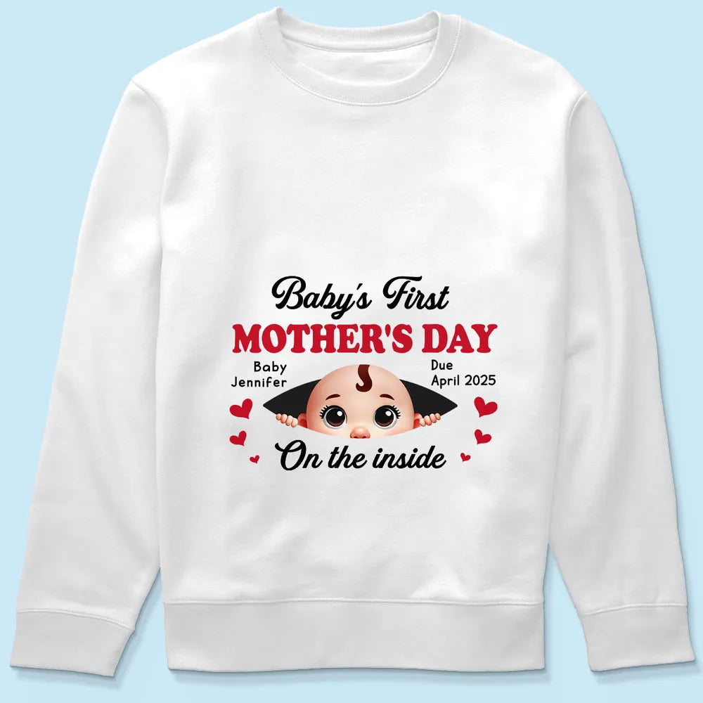 Baby First Mother's Day On The Inside Personalized Shirt, Custom Pregnancy Reveal Shirt, Mother's Day Gift For Expecting Moms