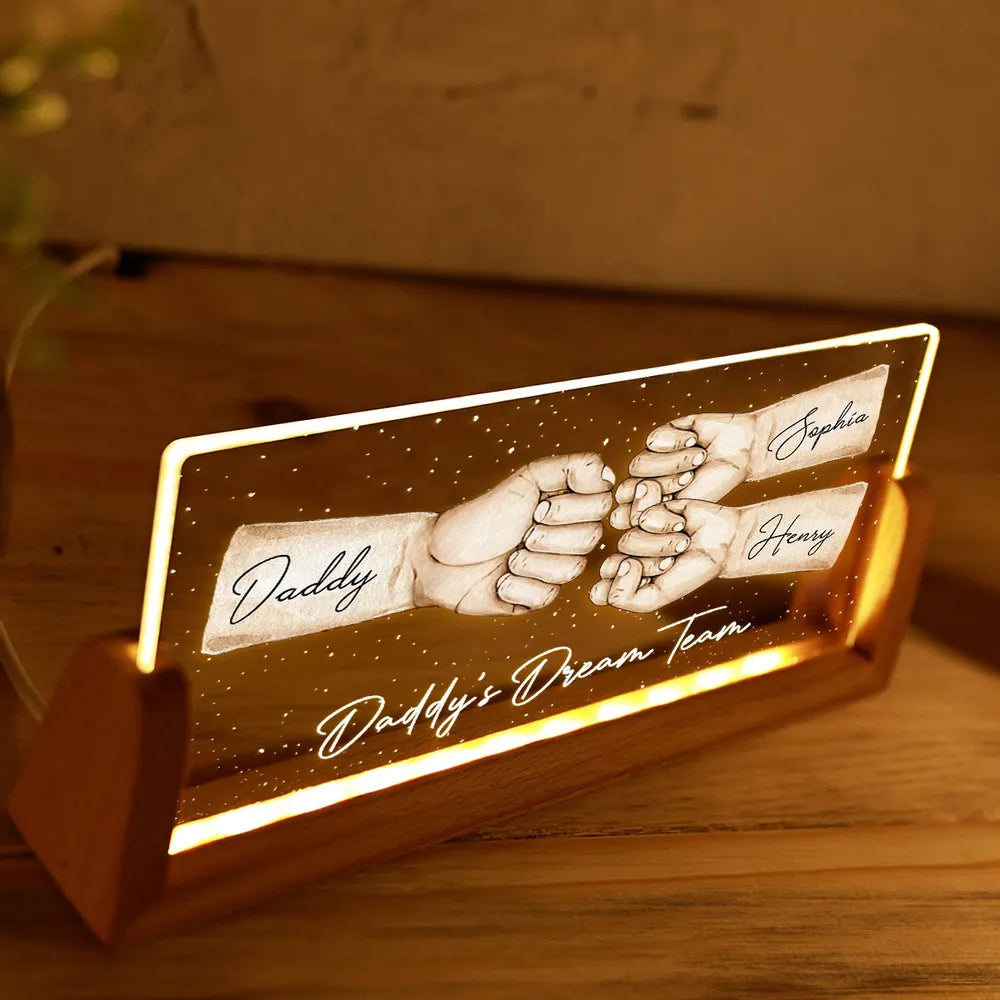 Daddy's Team Fist Bump Personalized U-Base Acrylic LED Night Light, Gift For Dad, Grandpa, Husband