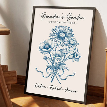 Vintage Floral Grandma Garden Birth Month Flowers Bouquet With Grandkids Names Personalized Poster
