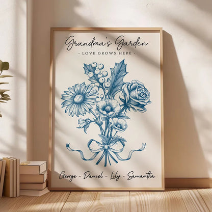 Vintage Floral Grandma Garden Birth Month Flowers Bouquet With Grandkids Names Personalized Poster