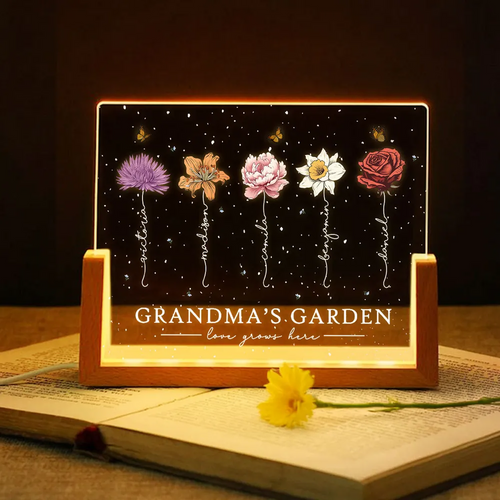 Grandma's Garden Love Grows Here Birthmonth Flowers Personalized U-Base Acrylic LED Night Light, Grandkids Names Floral Gift