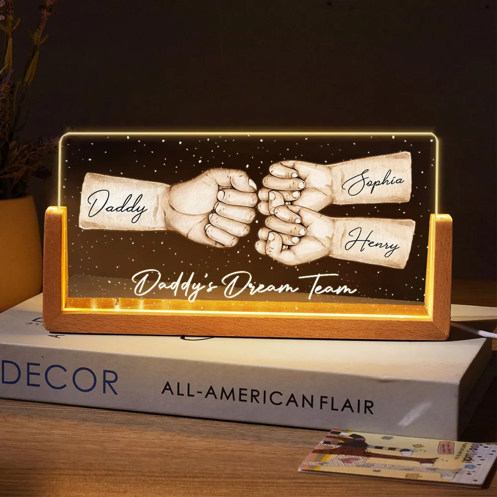 Daddy's Team Fist Bump Personalized U-Base Acrylic LED Night Light, Gift For Dad, Grandpa, Husband