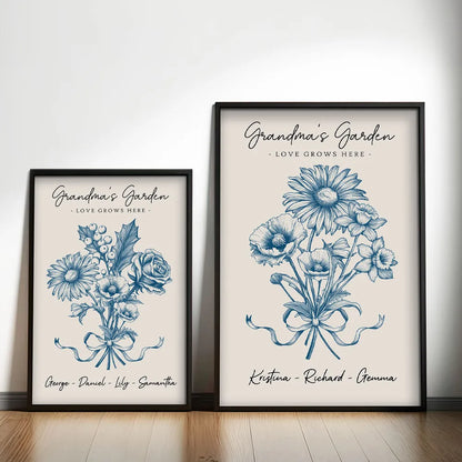 Vintage Floral Grandma Garden Birth Month Flowers Bouquet With Grandkids Names Personalized Poster