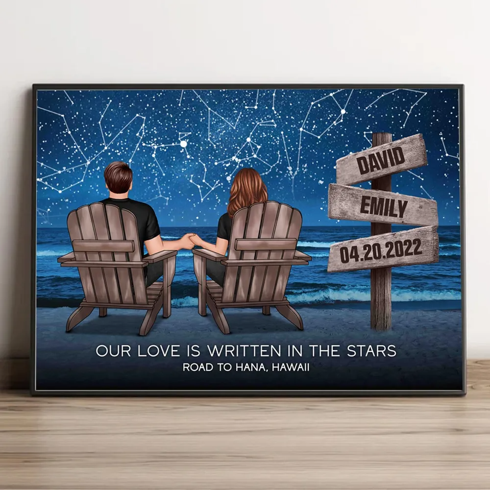 Custom Constellation Star Map Romantic Beach Landscape Couple Sitting Holding Hands Sign Posts Personalized Poster, Heartfelt 2025 Gift For Couple, For Him, For Her, Boyfriend, Girlfriend, Husband, Wifed, Wife