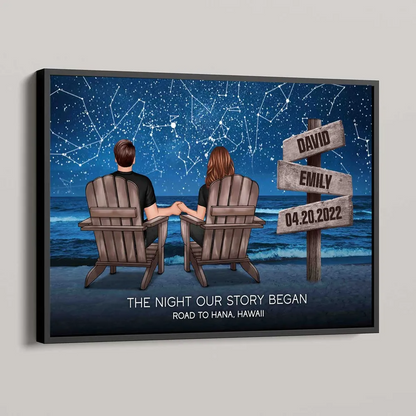 Custom Constellation Star Map Romantic Beach Landscape Couple Sitting Holding Hands Sign Posts Personalized Poster, Heartfelt 2025 Gift For Couple, For Him, For Her, Boyfriend, Girlfriend, Husband, Wifed, Wife