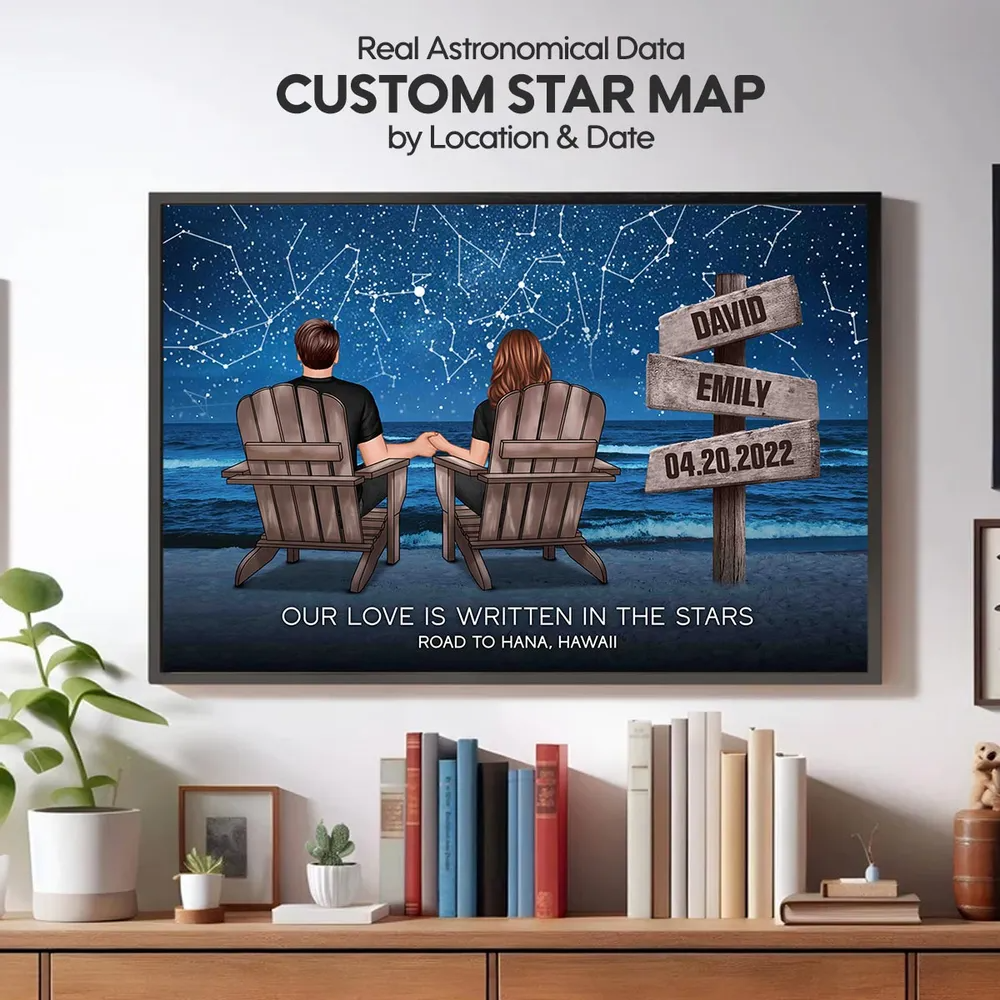Custom Constellation Star Map Romantic Beach Landscape Couple Sitting Holding Hands Sign Posts Personalized Poster, Heartfelt 2025 Gift For Couple, For Him, For Her, Boyfriend, Girlfriend, Husband, Wifed, Wife