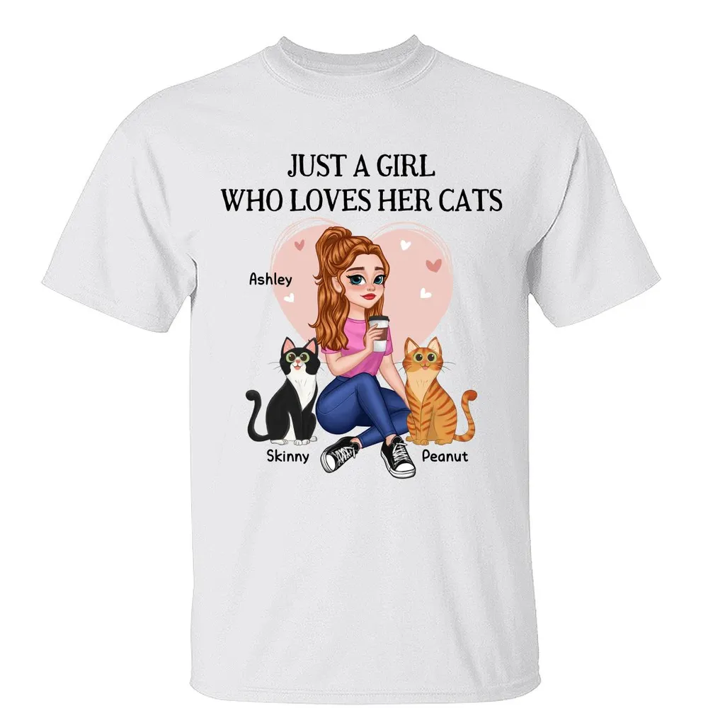 Just A Girl Who Loves Cats Pretty Cartoon Girl Sitting With Cats - Personalized Shirt