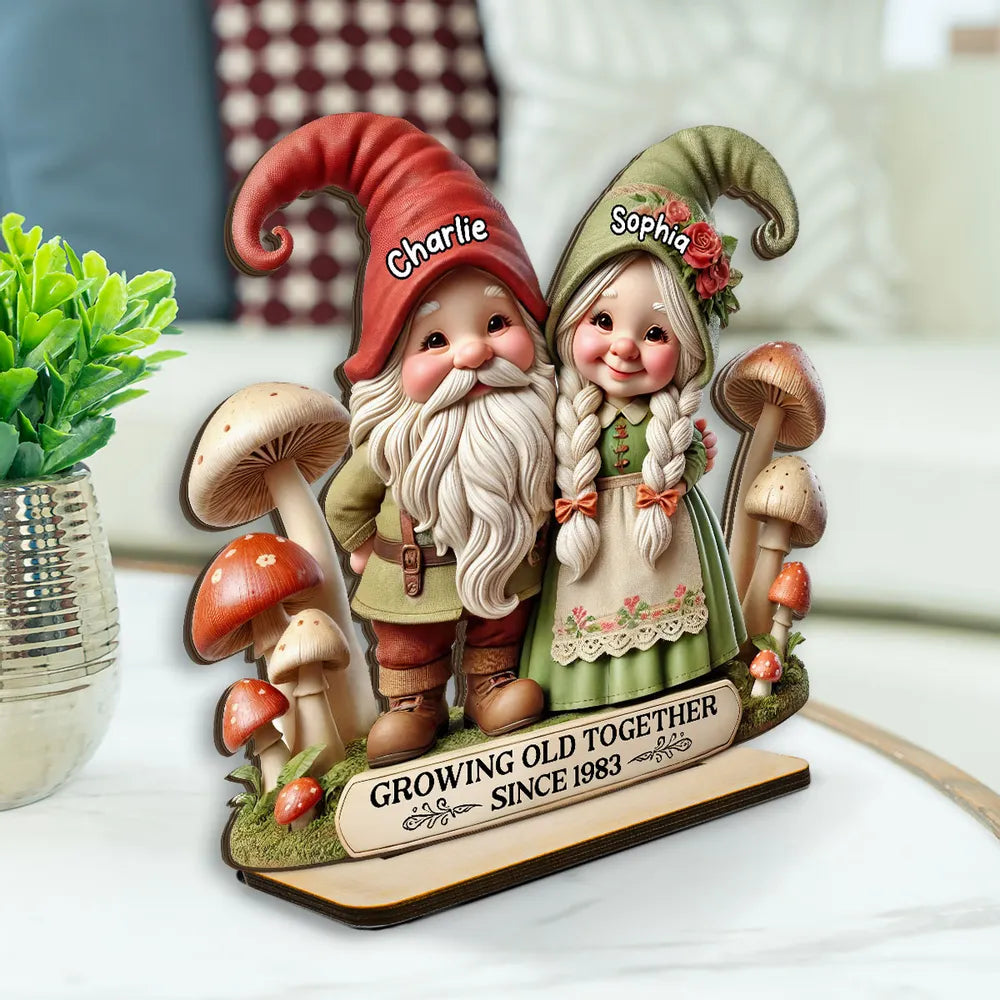3D Effect Whimsical Gnome Couple Personalized Standing Wooden Plaque, Heartfelt Valentine's Day Gift For Couple, For Him, For Her, Husband, Wife