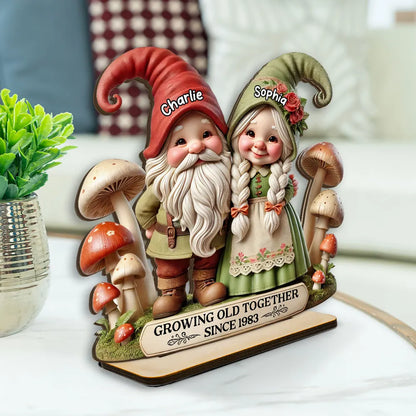 3D Effect Whimsical Gnome Couple Personalized Standing Wooden Plaque, Heartfelt Valentine's Day Gift For Couple, For Him, For Her, Husband, Wife